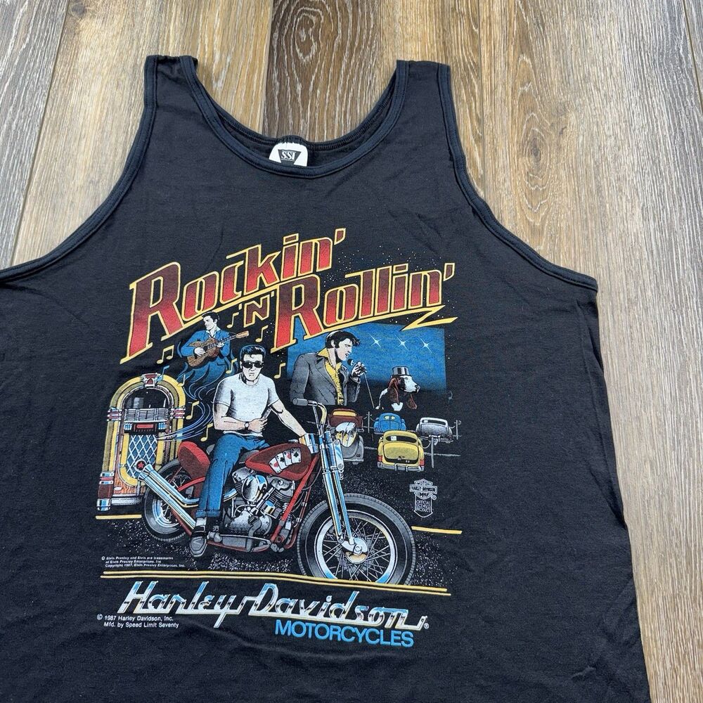 Vintage Harley Davidson Shirt Mens L Rockin N Rollin Elvis Presley 1987 Tank Top